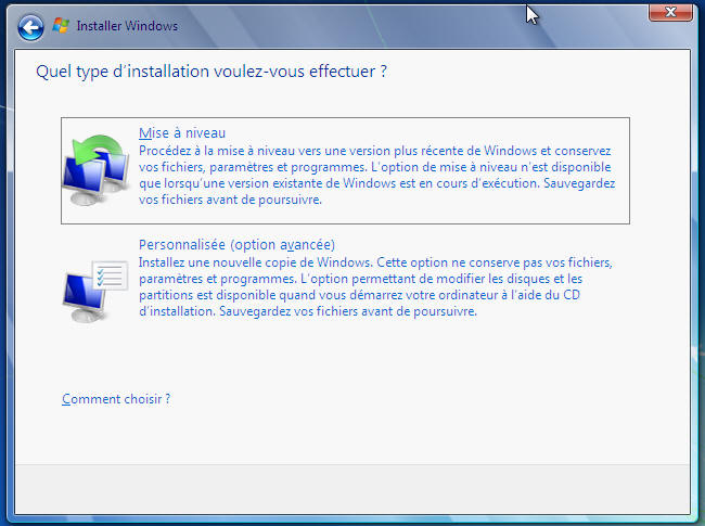 Windows 7 - Mise à niveau ou personnalisée
